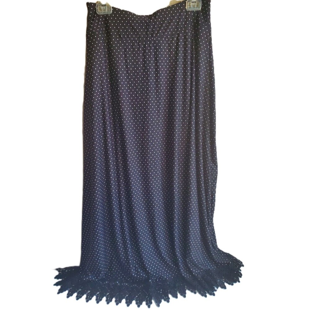 Robert Louis Maxi Skirt Cottagecore Boho Flowy Black White Polka Dot Lace Hem M